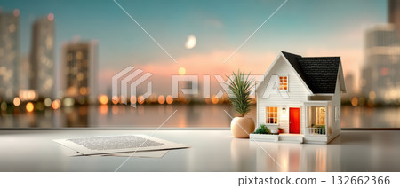 Modern miniature house model on desk with paperwork plant and city skyline at dusk evokes business real estate planning and calm evening Modern miniature house model on desk with paperwork plant and city skyline at dusk evokes business real estate planning and calm evening 132662366