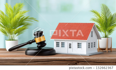 Real estate auction concept gavel beside small house model on wooden table with potted plants conveying legal business decision and property sale Real estate auction concept gavel beside small house model on wooden table with potted plants conveying legal business decision and property sale 132662367