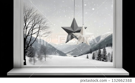 Snow star collage window winter landscape with hanging paper star decorations softly falling snow creating cozy serene holiday mood 132662388