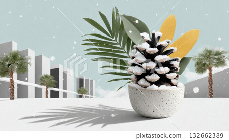 Collage tropical pine cone speckled pot with palm leaf and yellow foliage casting shadow modern urban snow scene, whimsical minimal still life 132662389