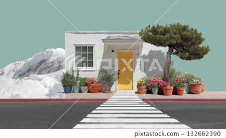 Cozy cottage collage yellow door potted plants pedestrian crossing tree mountain backdrop pastel sky warm mood collage 132662390