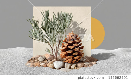 Collage pine cone with coastal shrub and textured stones on sandy surface under warm light creating calm natural still life 132662391