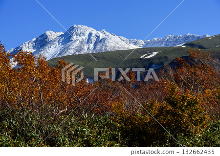 鳥海藍線晴空萬裡。從保立站眺望白雪皚皚的鳥海山。秋田縣。 132662435