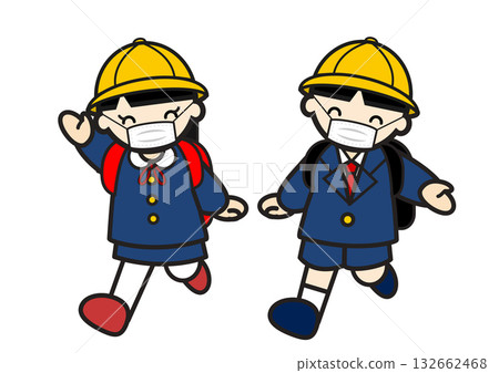 孩子們穿著校服，戴著口罩，微笑著去上學。 132662468