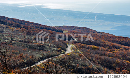 A clear day on the Chokai Blue Line: View of the foothills and the Sea of Japan from Hokotate, Akita Prefecture A clear day on the Chokai Blue Line: View of the foothills and the Sea of Japan from Hokotate, Akita Prefecture 132662494