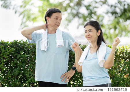 Wellness and Senior Stretching. A senior couple enjoying a light workout and stretching routine in a park. 132662716