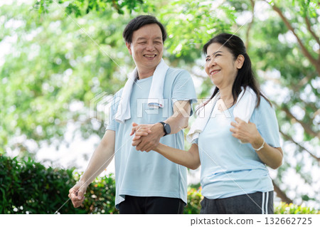 Wellness and Senior Connection. A senior couple walking hand-in-hand, enjoying their time together in a park. Wellness and Senior Connection. A senior couple walking hand-in-hand, enjoying their time together in a park. 132662725