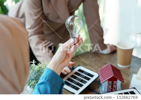 Green Tech and Renewable Energy. A person holding a light bulb, discussing sustainable energy solutions with a colleague. 132662769