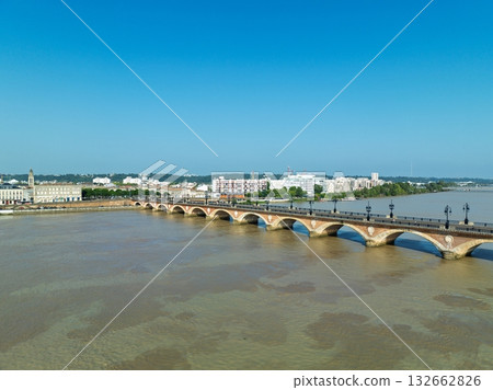 Bordeaux Bridge Spanning Garonne River, France Aerial View of Cityscape and Architecture 132662826