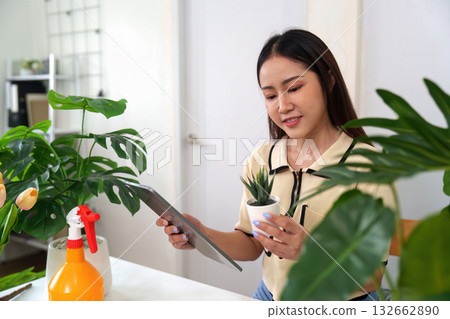 Indoor Gardening and Sustainability. A woman explores her love for plants through nurturing and caring for her indoor garden. Indoor Gardening and Sustainability. A woman explores her love for plants through nurturing and caring for her indoor garden. 132662890