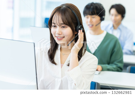 Operator talking on intercom 132662981