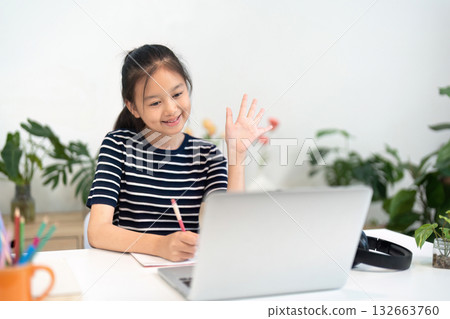 Back to School and Online Learning. A girl waves at her laptop during a virtual class. Back to School and Online Learning. A girl waves at her laptop during a virtual class. 132663760