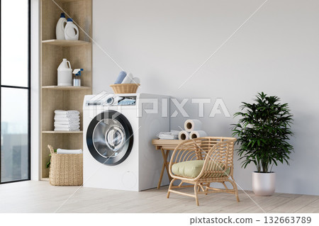Elegant laundry space featuring a modern washing machine and natural elements. 3D render illustration 132663789