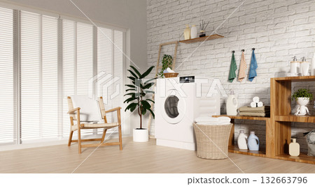 Home laundry appliances in modern interior design showcasing efficiency. 3D render illustration 132663796