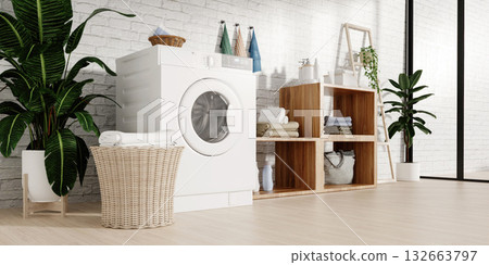 Home laundry appliances in modern interior design showcasing efficiency. 3D render illustration 132663797