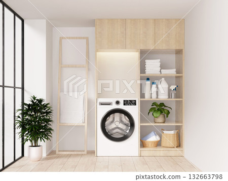 Minimalistic laundry area featuring organized machines and natural elements. 3D render illustration 132663798