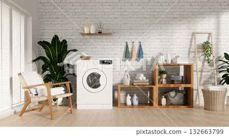 Home laundry appliances in modern interior design showcasing efficiency. 3D render illustration Home laundry appliances in modern interior design showcasing efficiency. 3D render illustration 132663799