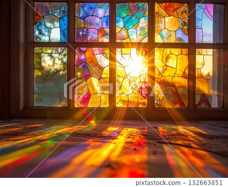 The dazzling sunlight and brilliance filtering through the colorful stained glass windows 132663851