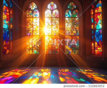 The dazzling sunlight and brilliance filtering through the colorful stained glass windows 132663852