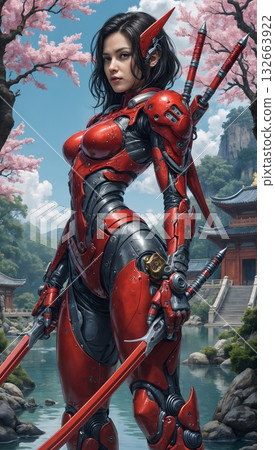 The image shows a female samurai in red and grey armor holding two swords The image shows a female samurai in red and grey armor holding two swords 132663922