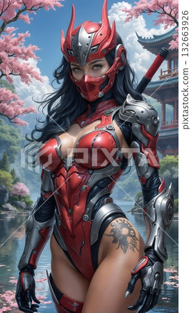 A woman in armor against the backdrop of a Japanese landscape with cherry blossoms, a bridge and a temple 132663926