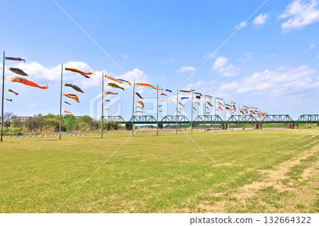 Carp streamers hoisted on the banks of the Onga River in Nakama City, Fukuoka Prefecture, and the Fukuhoku Yutaka Line 132664322