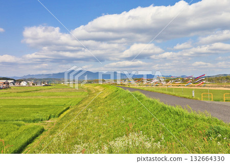 Carp streamers hoisted on the banks of the Onga River in Iizuka City, Fukuoka Prefecture Carp streamers hoisted on the banks of the Onga River in Iizuka City, Fukuoka Prefecture 132664330
