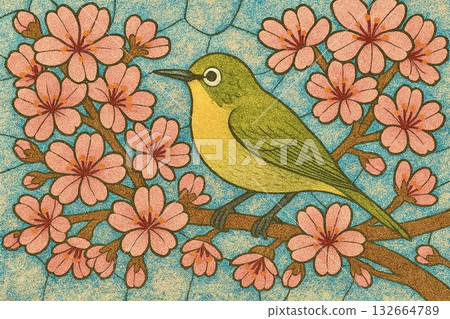 Cherry blossoms in full bloom, Japanese white-eye, sand painting style Cherry blossoms in full bloom, Japanese white-eye, sand painting style 132664789