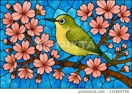 Cherry blossoms in full bloom, Japanese white-eye, stained glass style 132664790