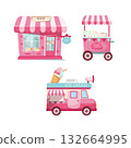 Pink set with sweets shop, cotton candy and ice cream van isolated on white background, mobile store template illustration, cute cart with wheels, striped pink design. 132664995