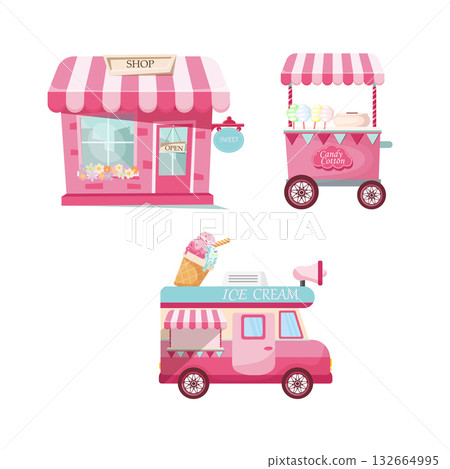 Pink set with sweets shop, cotton candy and ice cream van isolated on white background, mobile store template illustration, cute cart with wheels, striped pink design. 132664995