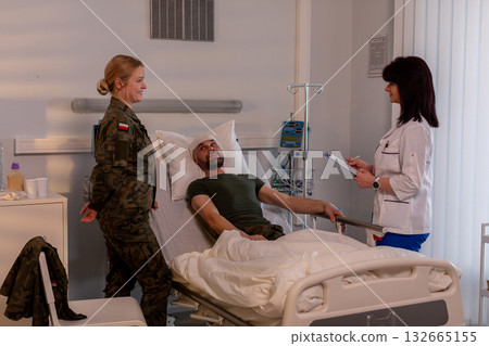 Military Personnel and Medical Staff Providing Care and Assistance in a Hospital Scene 132665155