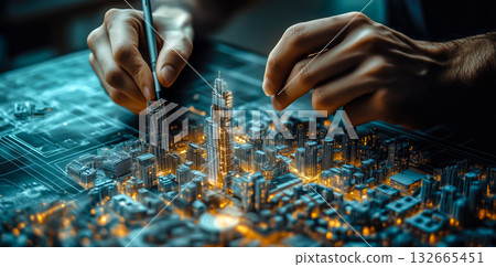 An architect brings architectural designs to life with 3D holographic construction models. The concept of innovation in architecture and futuristic design. Generative Ai. 132665451