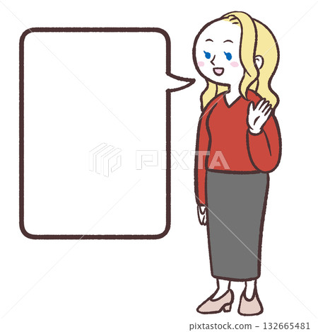 Illustration of a smiling Caucasian woman talking and a speech bubble Illustration of a smiling Caucasian woman talking and a speech bubble 132665481