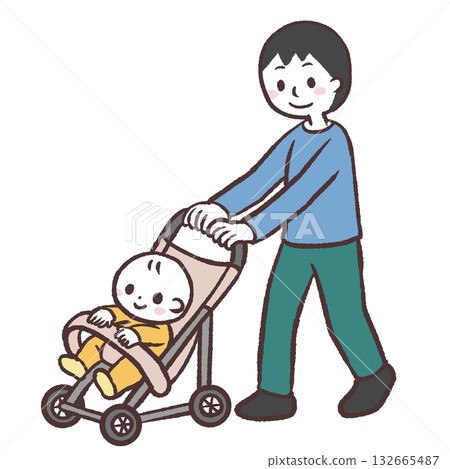 圖:一名男子推著嬰兒車,車上坐著一個嬰兒 圖:一名男子推著嬰兒車,車上坐著一個嬰兒 132665487