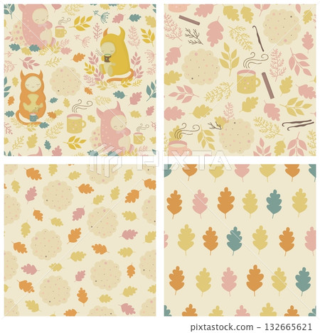 Seamless patterns with cute characters, mugs of tea, cookies, cozy autumn 132665621