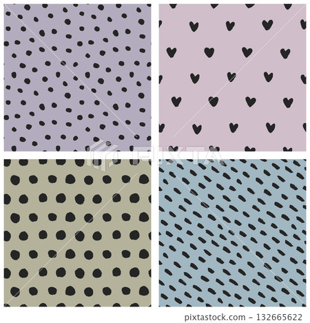 Seamless polka dot, mottled, heart-shaped patterns, vintage retro hand drawn 132665622