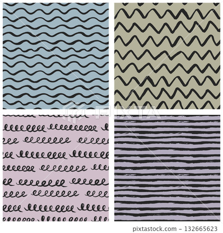 Hand-drawn seamless patterns set with brush-painted waves, zigzags, stripes Hand-drawn seamless patterns set with brush-painted waves, zigzags, stripes 132665623