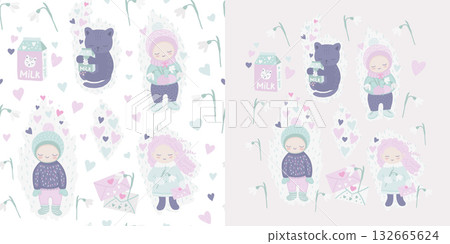 Seamless pattern and illustrations set with cute characters for Valentine's Day 132665624