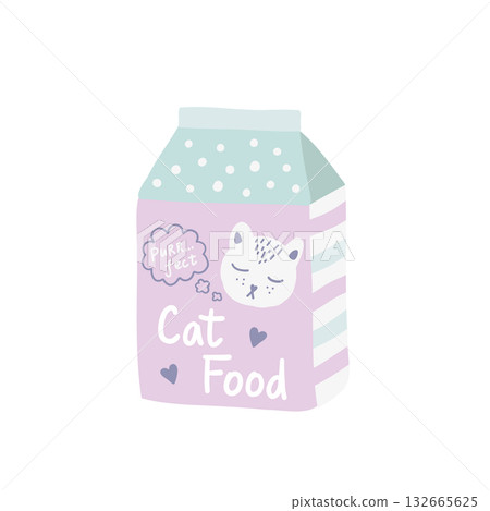 Dry or wet cat food in a package. Plastic, cardboard bag, pet snack box cartoon Dry or wet cat food in a package. Plastic, cardboard bag, pet snack box cartoon 132665625