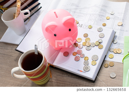 Comprehensive Financial Planning Utilizing a Piggy Bank and Various Coins for Savings Comprehensive Financial Planning Utilizing a Piggy Bank and Various Coins for Savings 132665658