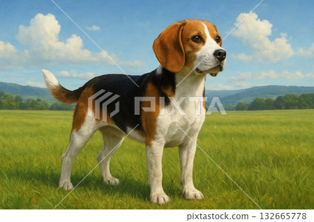 Beagle walking on the grass Beagle walking on the grass 132665778
