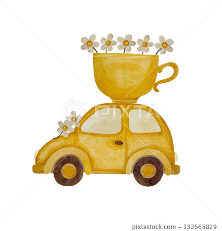 Watercolor yellow car with cup. Yellow car with yellow cup filled with white flowers isolated on white. 132665829