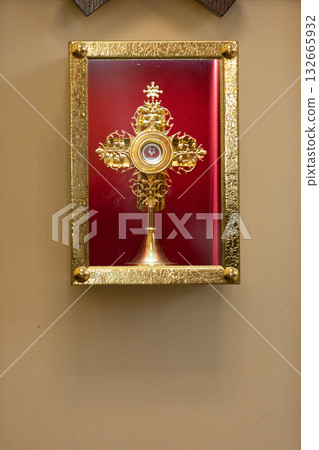 An Exquisite and Beautiful Religious Reliquary is Displayed Prominently in a Church 132665932