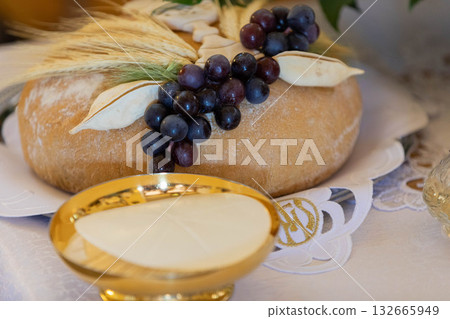 Artisanal Bread crafted with Grapes, accompanied by Decorative Elements for enjoyment 132665949