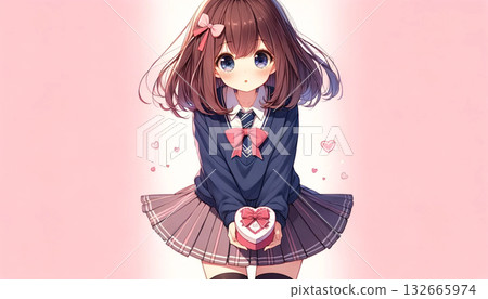 Valentine's chocolate and a high school girl in a uniform. Pink heart background 132665974