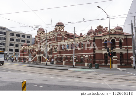 Melbourne, Australia - December 28,2023 : Historic Public Baths Building side by side with modern central city architecture in Melbourne, Australia on December 28,2023. Melbourne, Australia - December 28,2023 : Historic Public Baths Building side by side with modern central city architecture in Melbourne, Australia on December 28,2023. 132666118