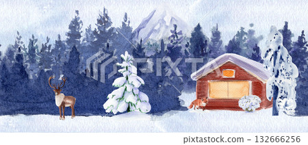 Winter forest landscape with snowy trees, mountains, a red cabin, deer, fox. Hand-painted watercolor seamless pattern in soft cool tones, perfect for Christmas cards, banners, seasonal decor projects Winter forest landscape with snowy trees, mountains, a red cabin, deer, fox. Hand-painted watercolor seamless pattern in soft cool tones, perfect for Christmas cards, banners, seasonal decor projects 132666256