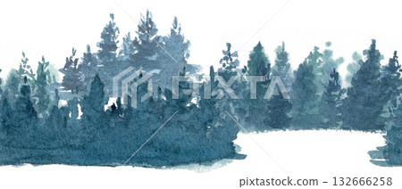 Landscape of a misty pine forest in soft blue-green tones. Hand-painted watercolor seamless pattern with natural texture, perfect for banners, backgrounds, nature decor, or outdoor design projects. Landscape of a misty pine forest in soft blue-green tones. Hand-painted watercolor seamless pattern with natural texture, perfect for banners, backgrounds, nature decor, or outdoor design projects. 132666258