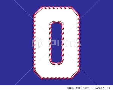 Letter O designed with stitched seams around the edges, resembling baseball stitching. Sports-inspired typography, baseball theme, isolated on white background. 132666283